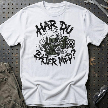 Har Du Bajer Med? V8 Motor og Øl Garage - Unisex T-Shirt , Bomuld-Beklædning-Garage Culture-Hvid-S-Garage Culture Shop- garage - man cave - merchandise