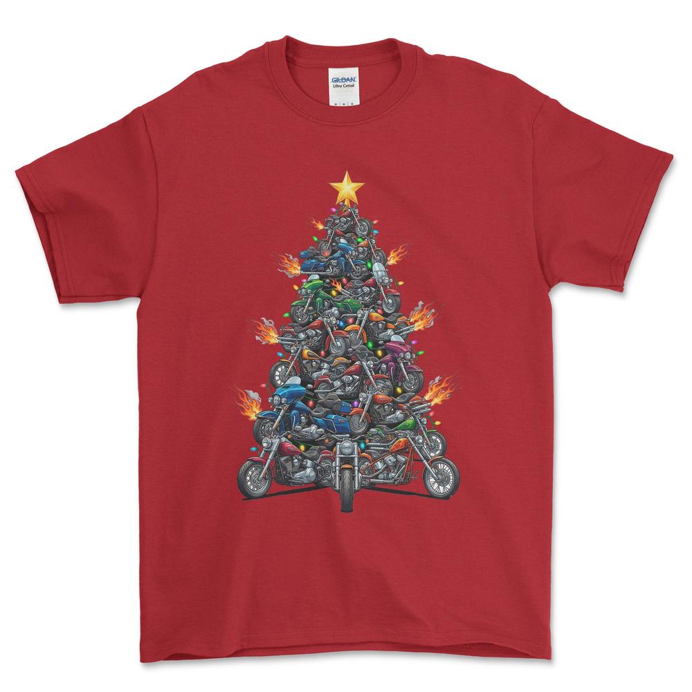 Harley Davidson Juletræ Christmas Tree - Unisex T-Shirt-Beklædning-Harley Davidson-Rød-S-Forside-Garage Culture Shop- garage - man cave - merchandise