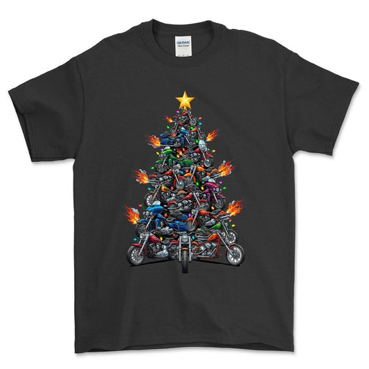 Harley Davidson Juletræ Christmas Tree - Unisex T-Shirt-Beklædning-Harley Davidson-Sort-S-Forside-Garage Culture Shop- garage - man cave - merchandise