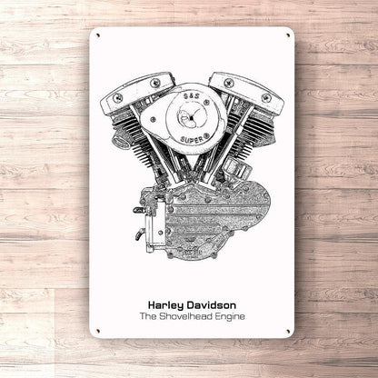Harley Davidson The Shovelhead Engine Blueprint Skilte, Musemåtte, Dørmåtte , Plakat-Blueprint-Harley Davidson-Garage Culture Shop- garage - man cave - merchandise