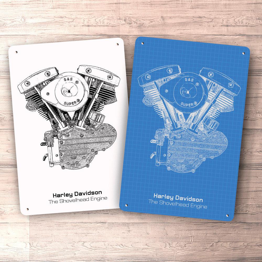 Harley Davidson The Shovelhead Engine Blueprint Skilte, Musemåtte, Dørmåtte , Plakat-Blueprint-Harley Davidson-Garage Culture Shop- garage - man cave - merchandise