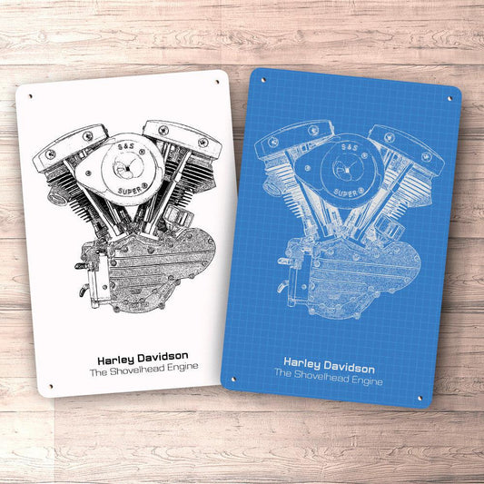 Harley Davidson The Shovelhead Engine Blueprint Skilte, Musemåtte, Dørmåtte , Plakat-Blueprint-Harley Davidson-Garage Culture Shop- garage - man cave - merchandise