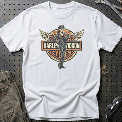 Harley Pinup - Unisex T-Shirt , Bomuld-Beklædning-Harley Davidson-Hvid-S-Garage Culture Shop- garage - man cave - merchandise