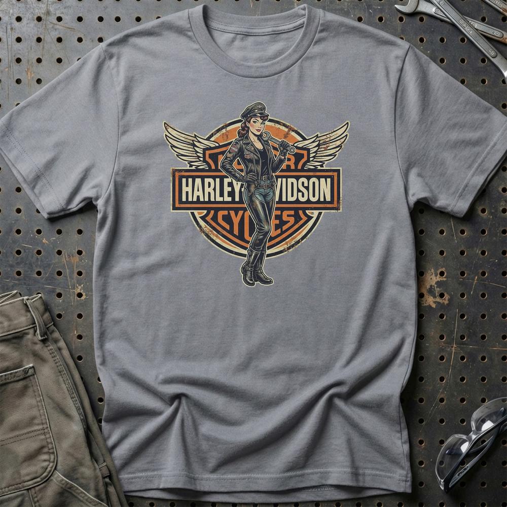 Harley Pinup - Unisex T-Shirt , Bomuld-Beklædning-Harley Davidson-Grå Sport-S-Garage Culture Shop- garage - man cave - merchandise
