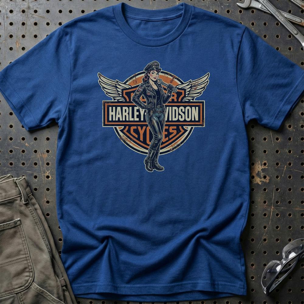 Harley Pinup - Unisex T-Shirt , Bomuld-Beklædning-Harley Davidson-Blå Royal-S-Garage Culture Shop- garage - man cave - merchandise