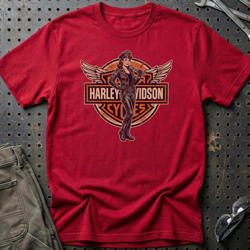 Harley Pinup - Unisex T-Shirt , Bomuld-Beklædning-Harley Davidson-Rød-S-Garage Culture Shop- garage - man cave - merchandise