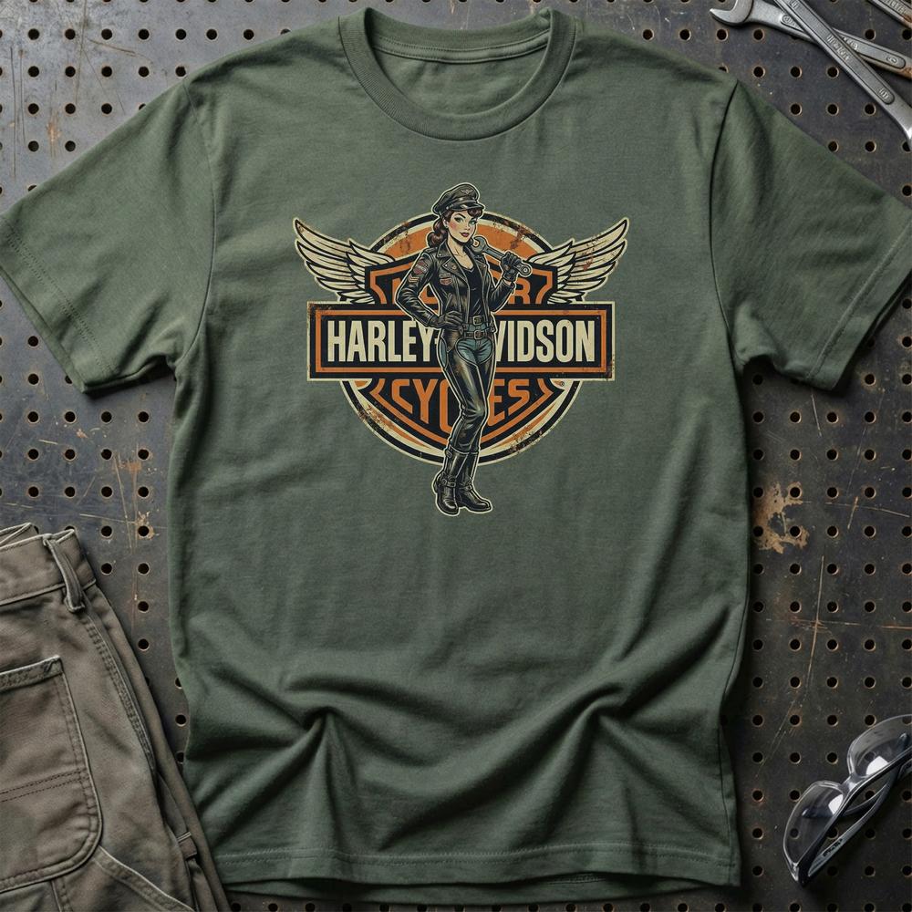 Harley Pinup - Unisex T-Shirt , Bomuld-Beklædning-Harley Davidson-Grøn Militær-S-Garage Culture Shop- garage - man cave - merchandise
