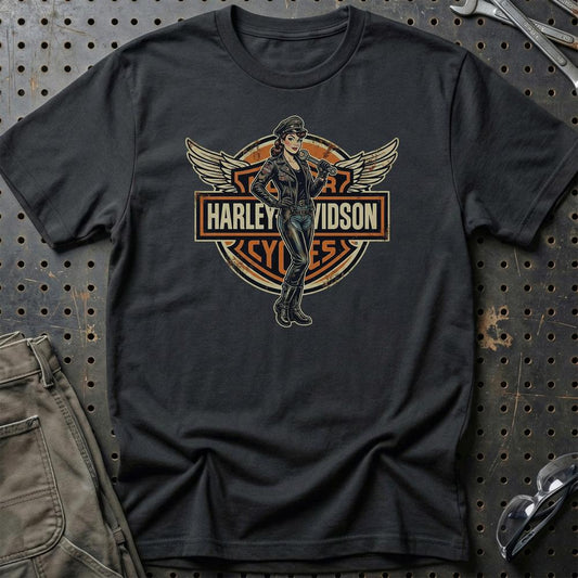 Harley Pinup - Unisex T-Shirt , Bomuld-Beklædning-Harley Davidson-Sort-S-Garage Culture Shop- garage - man cave - merchandise
