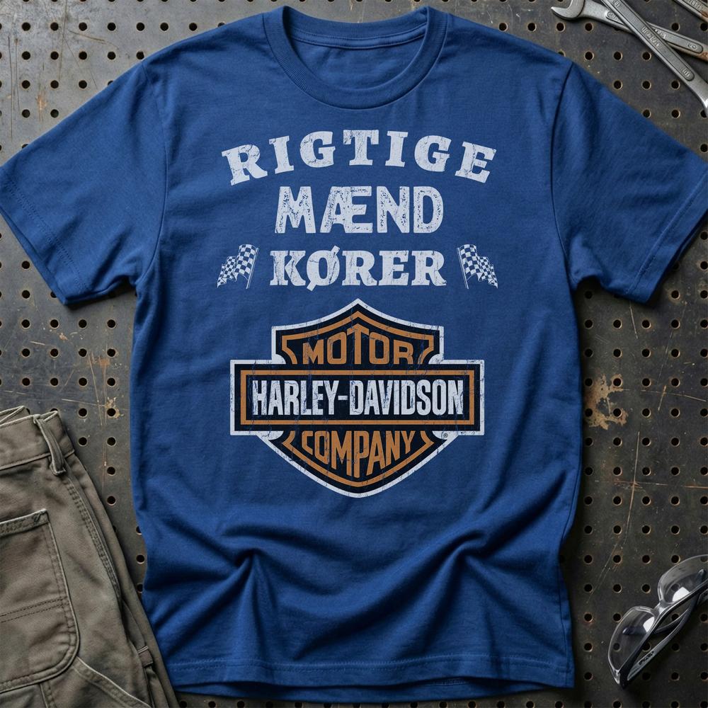 Harley Rigtige Mænd Kører - Unisex T-Shirt , Bomuld-Beklædning-Harley Davidson-Blå Royal-S-Garage Culture Shop- garage - man cave - merchandise