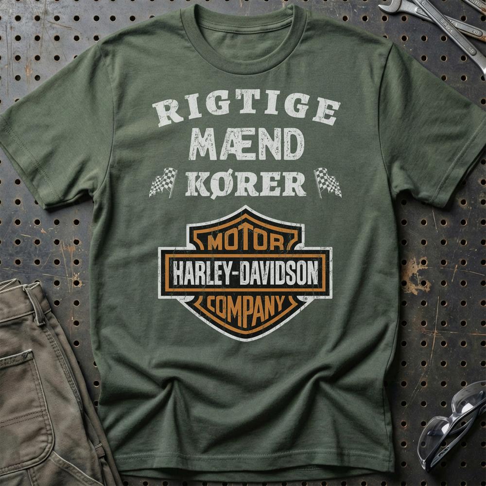 Harley Rigtige Mænd Kører - Unisex T-Shirt , Bomuld-Beklædning-Harley Davidson-Grøn Militær-S-Garage Culture Shop- garage - man cave - merchandise