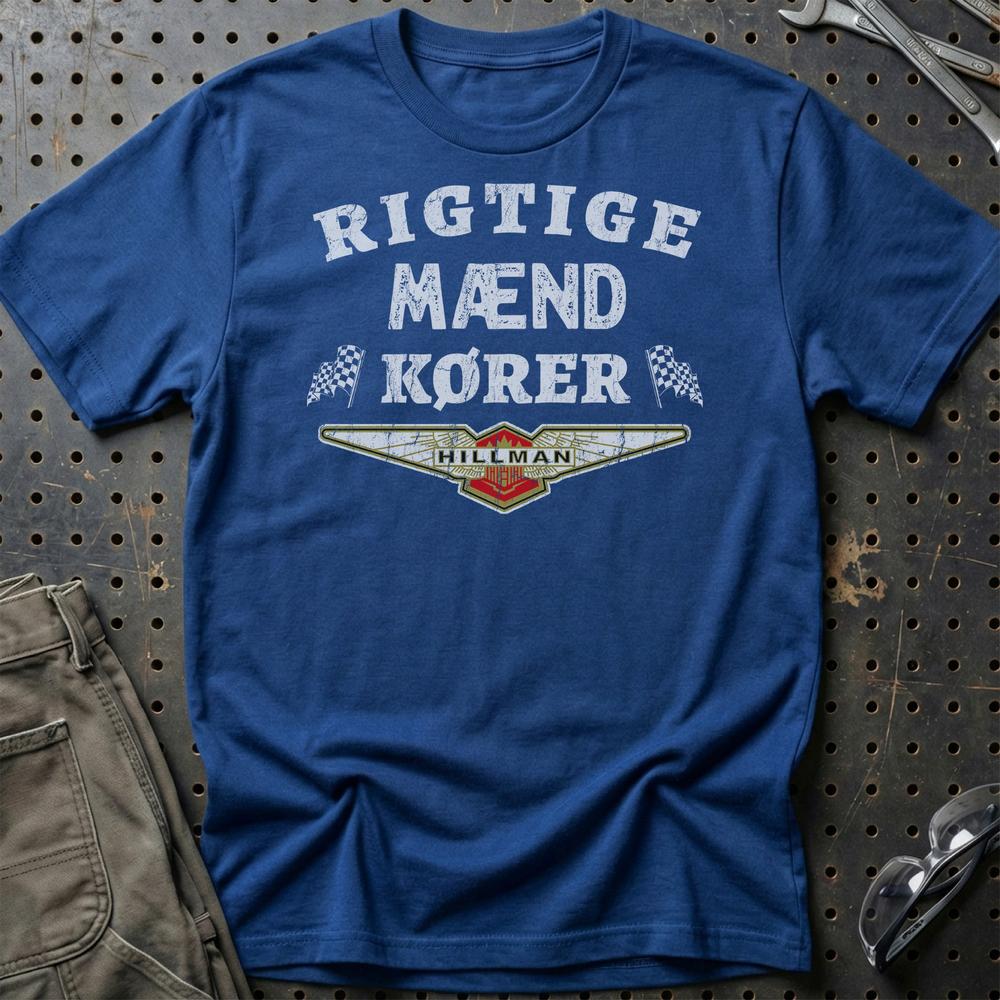 Hillman Rigtige Mænd Kører T-Shirt-Beklædning-Hillman-Blå Royal-S-Garage Culture Shop- garage - man cave - merchandise