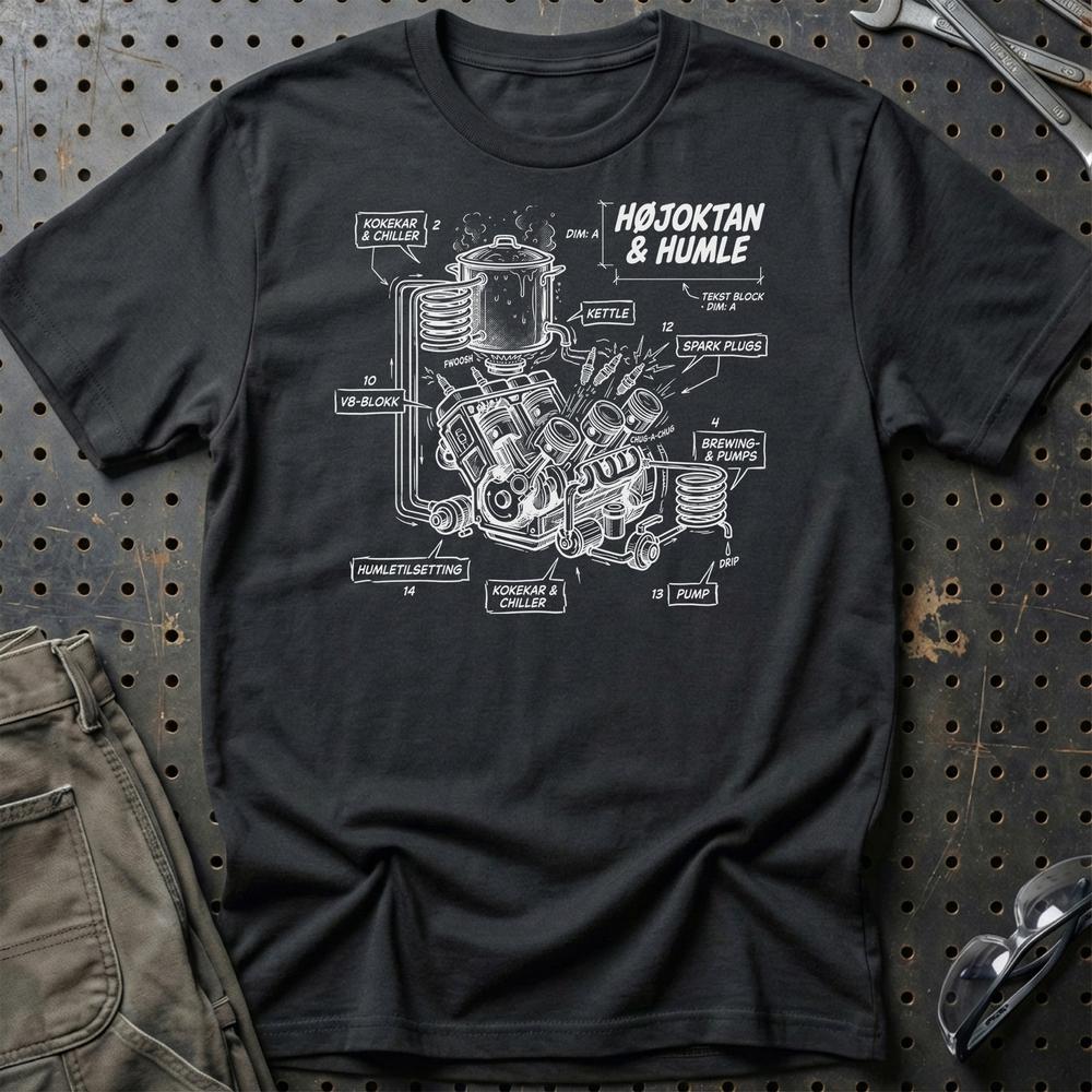 Højoktan og Humle - Når V8 Møder Ølbrygning T-Shirt-Beklædning-Garage Culture-Sort-S-Garage Culture Shop- garage - man cave - merchandise