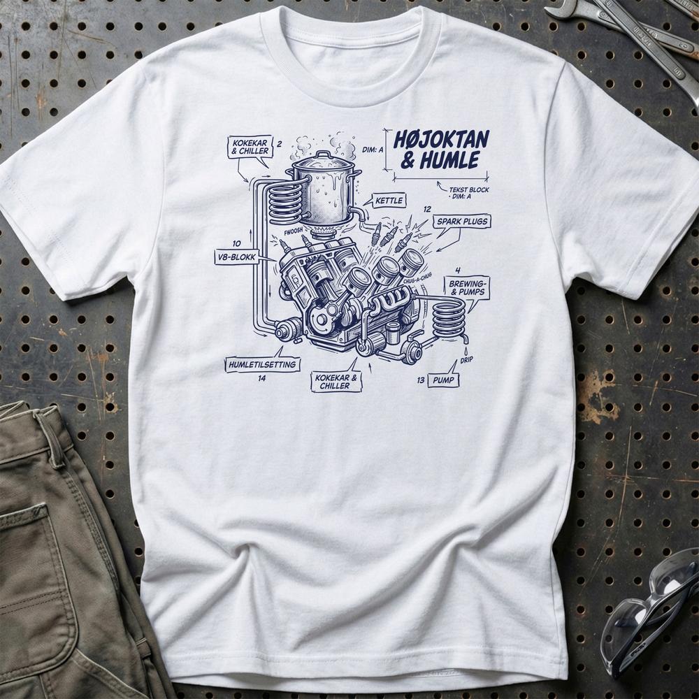Højoktan og Humle – Når V8 Møder Ølbrygning - Unisex T-Shirt , Bomuld-Beklædning-Garage Culture-Hvid-S-Garage Culture Shop- garage - man cave - merchandise