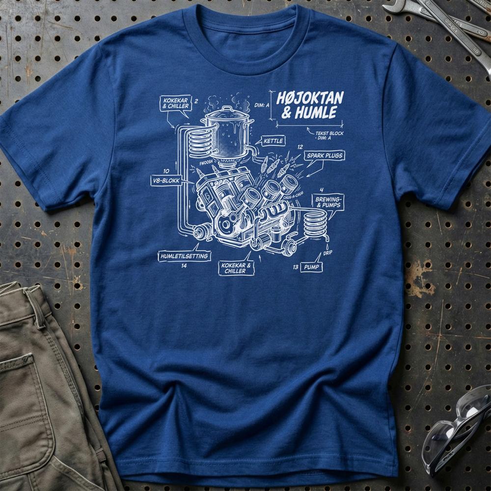 Højoktan og Humle – Når V8 Møder Ølbrygning - Unisex T-Shirt , Bomuld-Beklædning-Garage Culture-Blå Royal-S-Garage Culture Shop- garage - man cave - merchandise