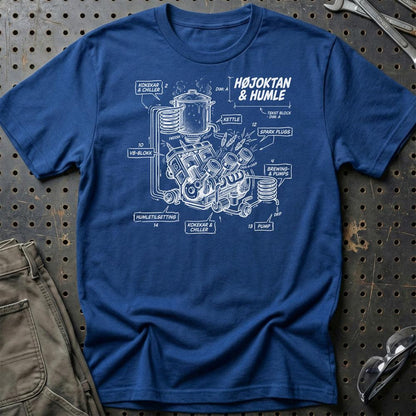 Højoktan og Humle – Når V8 Møder Ølbrygning - Unisex T-Shirt , Bomuld-Beklædning-Garage Culture-Blå Royal-S-Garage Culture Shop- garage - man cave - merchandise