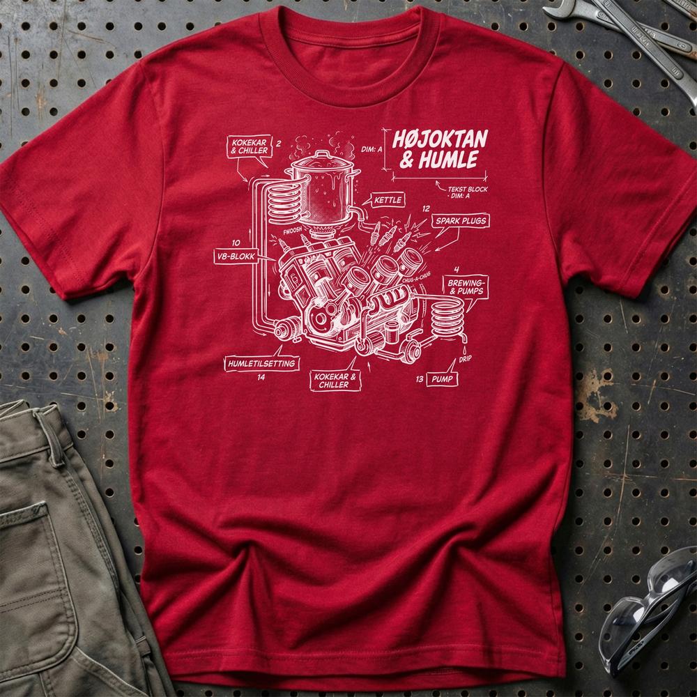 Højoktan og Humle – Når V8 Møder Ølbrygning - Unisex T-Shirt , Bomuld-Beklædning-Garage Culture-Rød-S-Garage Culture Shop- garage - man cave - merchandise