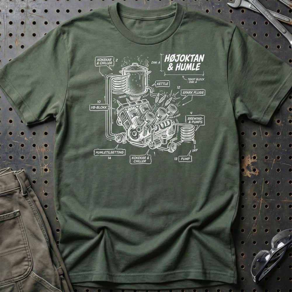 Højoktan og Humle – Når V8 Møder Ølbrygning - Unisex T-Shirt , Bomuld-Beklædning-Garage Culture-Grøn Militær-S-Garage Culture Shop- garage - man cave - merchandise