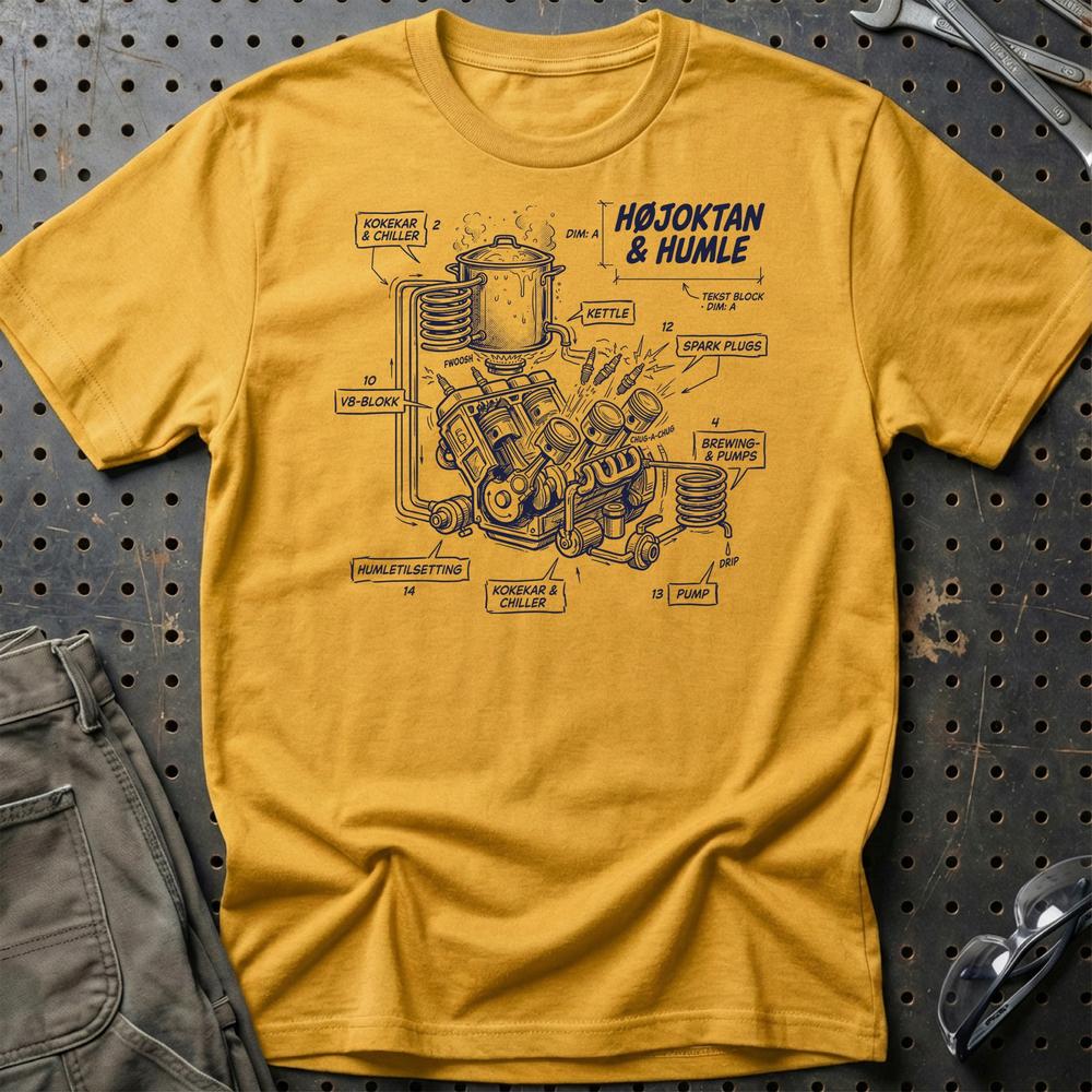 Højoktan og Humle – Når V8 Møder Ølbrygning - Unisex T-Shirt , Bomuld-Beklædning-Garage Culture-Guld-S-Garage Culture Shop- garage - man cave - merchandise
