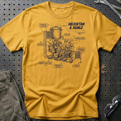 Højoktan og Humle – Når V8 Møder Ølbrygning - Unisex T-Shirt , Bomuld-Beklædning-Garage Culture-Guld-S-Garage Culture Shop- garage - man cave - merchandise