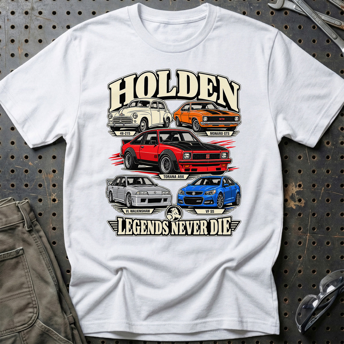 Holden Legends Never Die T-Shirt-Beklædning-Holden-Hvid-S-Garage Culture Shop- garage - man cave - merchandise
