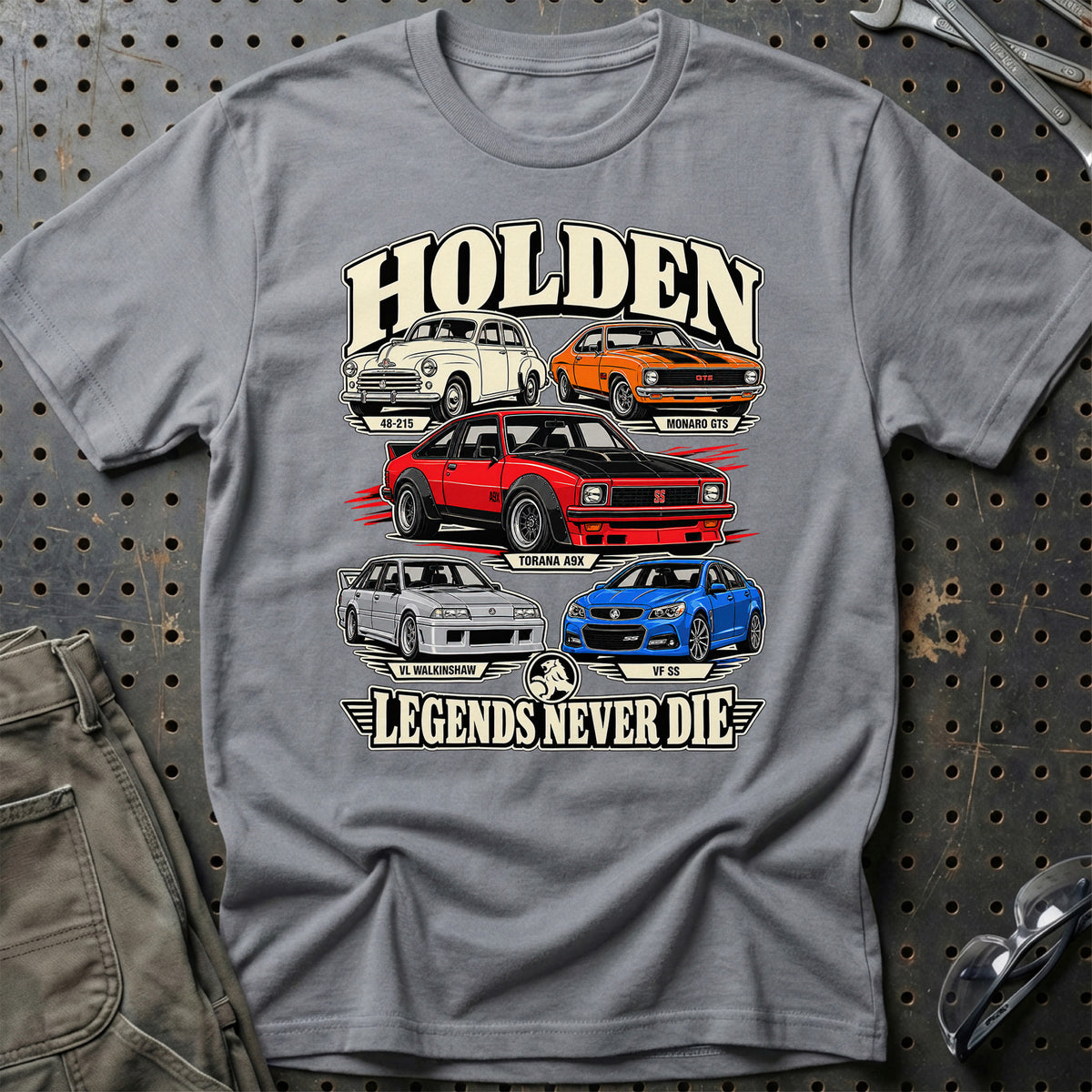 Holden Legends Never Die T-Shirt-Beklædning-Holden-Grå Sport-S-Garage Culture Shop- garage - man cave - merchandise