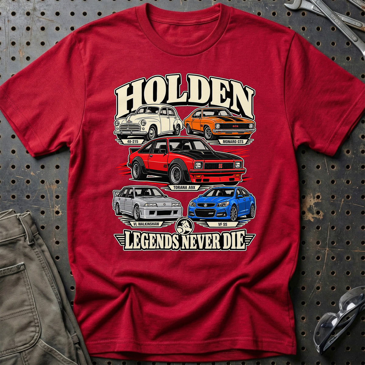 Holden Legends Never Die T-Shirt-Beklædning-Holden-Rød-S-Garage Culture Shop- garage - man cave - merchandise