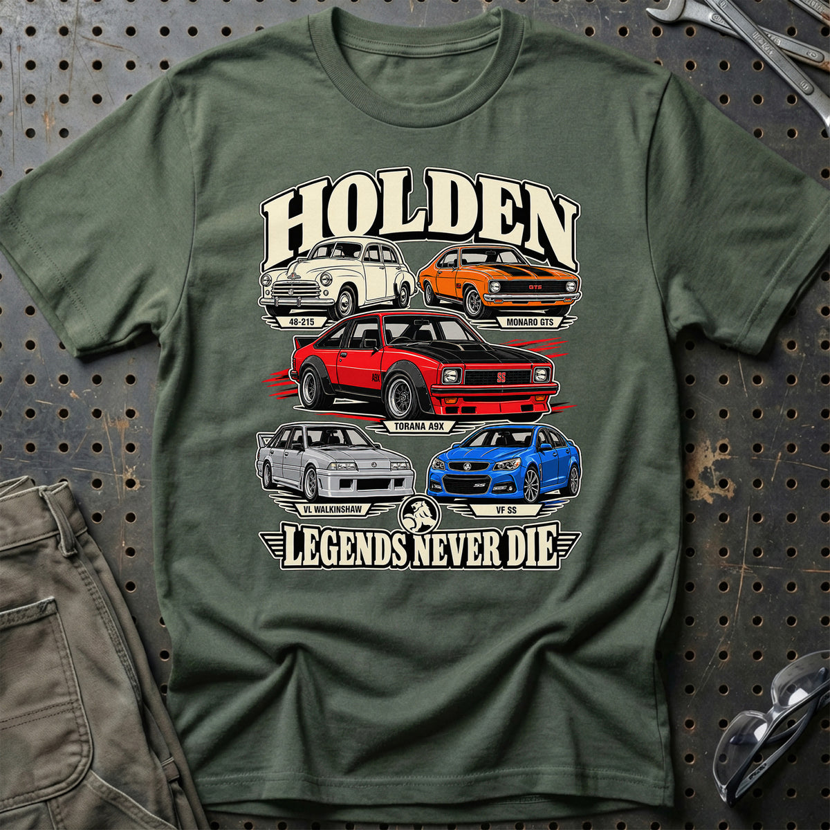 Holden Legends Never Die T-Shirt-Beklædning-Holden-Grøn Militær-S-Garage Culture Shop- garage - man cave - merchandise