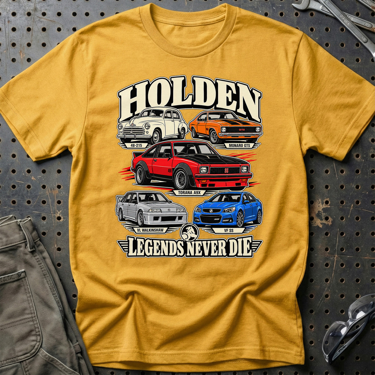 Holden Legends Never Die T-Shirt-Beklædning-Holden-Guld-S-Garage Culture Shop- garage - man cave - merchandise
