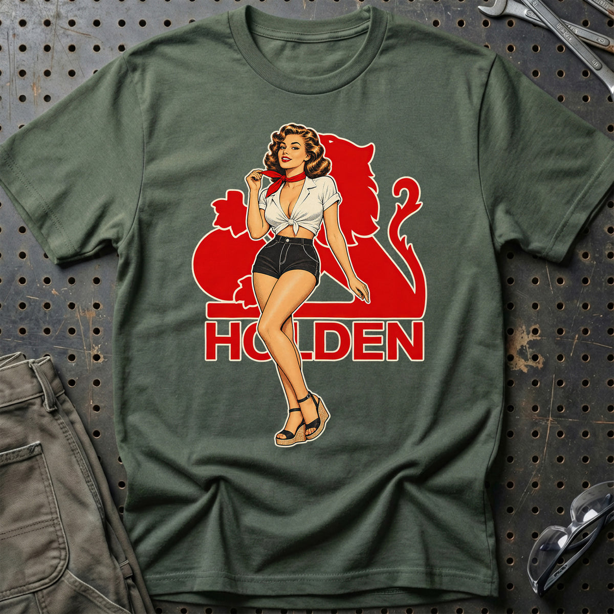 Holden Retro Pinup T-Shirt-Beklædning-Holden-Grøn Militær-S-Garage Culture Shop- garage - man cave - merchandise