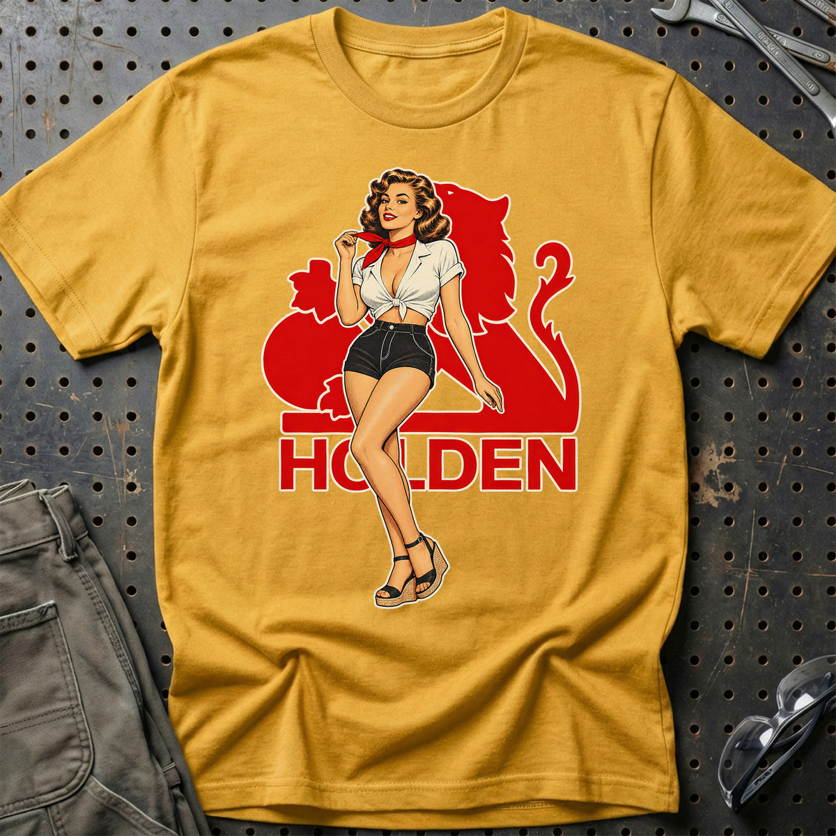 Holden Retro Pinup T-Shirt-Beklædning-Holden-Guld-S-Garage Culture Shop- garage - man cave - merchandise