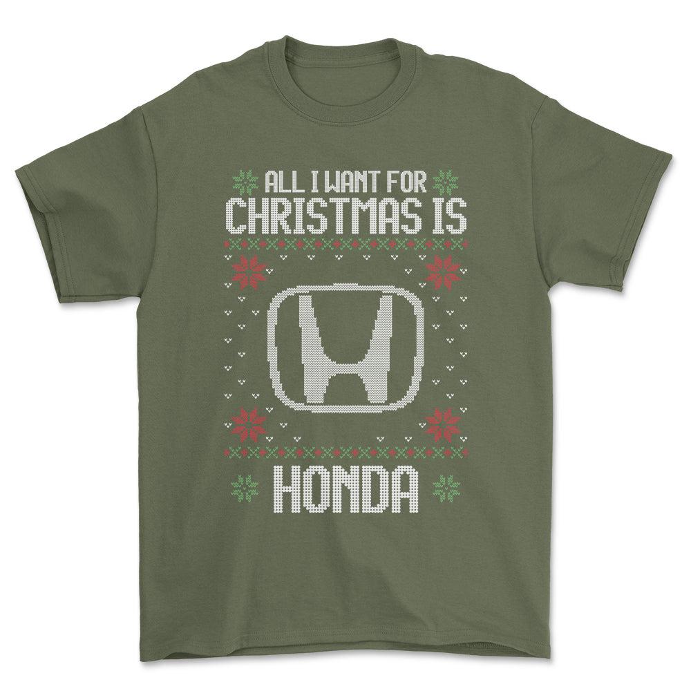 Honda - All I Want For Christmas - Unisex T-Shirt , Bomuld-Beklædning-Honda-Grøn Militær-S-Forside-Garage Culture Shop- garage - man cave - merchandise