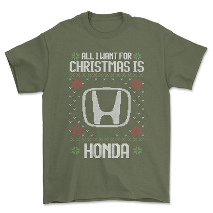 Honda - All I Want For Christmas - Unisex T-Shirt , Bomuld-Beklædning-Honda-Grøn Militær-S-Forside-Garage Culture Shop- garage - man cave - merchandise