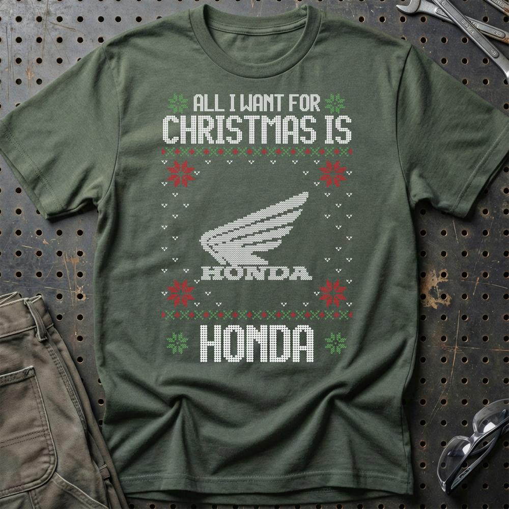 Honda - All I Want For Christmas - Unisex T-Shirt , Bomuld-Beklædning-Honda-Grøn Militær-S-Garage Culture Shop- garage - man cave - merchandise