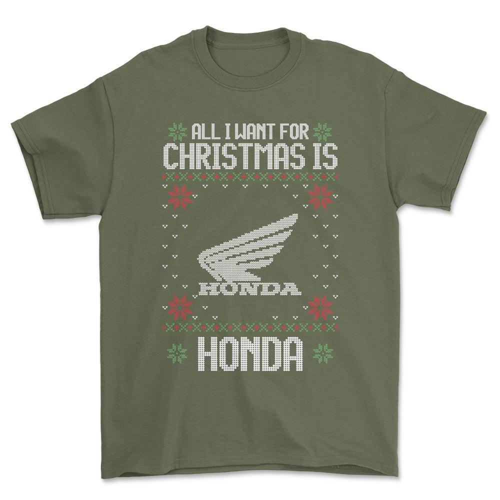 Honda - All I Want For Christmas - Unisex T-Shirt , Bomuld-Beklædning-Honda-Grøn Militær-S-Forside-Garage Culture Shop- garage - man cave - merchandise
