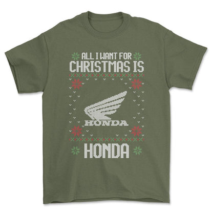 Honda - All I Want For Christmas - Unisex T-Shirt , Bomuld-Beklædning-Honda-Grøn Militær-S-Forside-Garage Culture Shop- garage - man cave - merchandise