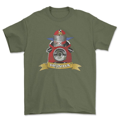 Honda Biker Vintage Style Unisex T-Shirt , Bomuld-Beklædning-Honda-Grøn Militær-S-Forside-Garage Culture Shop- garage - man cave - merchandise