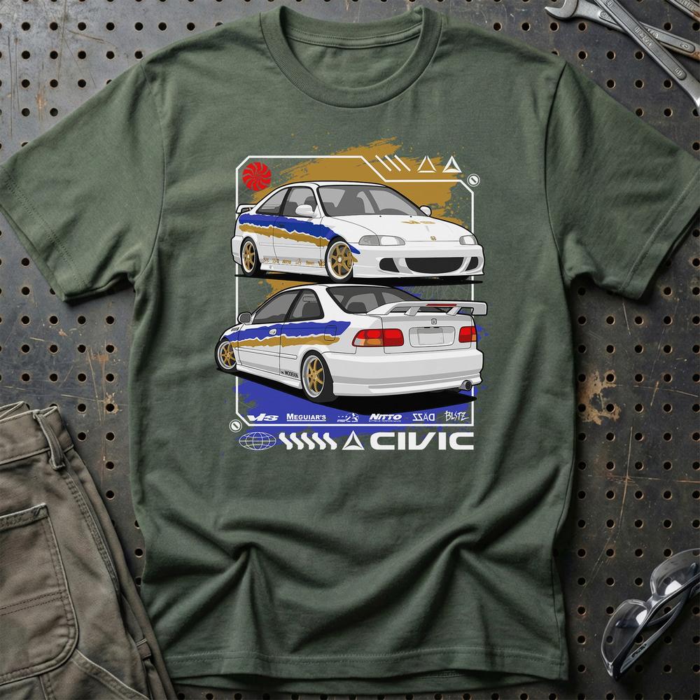 Honda Civic Coupe EJ Fast And Furios Cars - Unisex T-Shirt-Beklædning-Honda-Grøn Militær-S-Garage Culture Shop- garage - man cave - merchandise