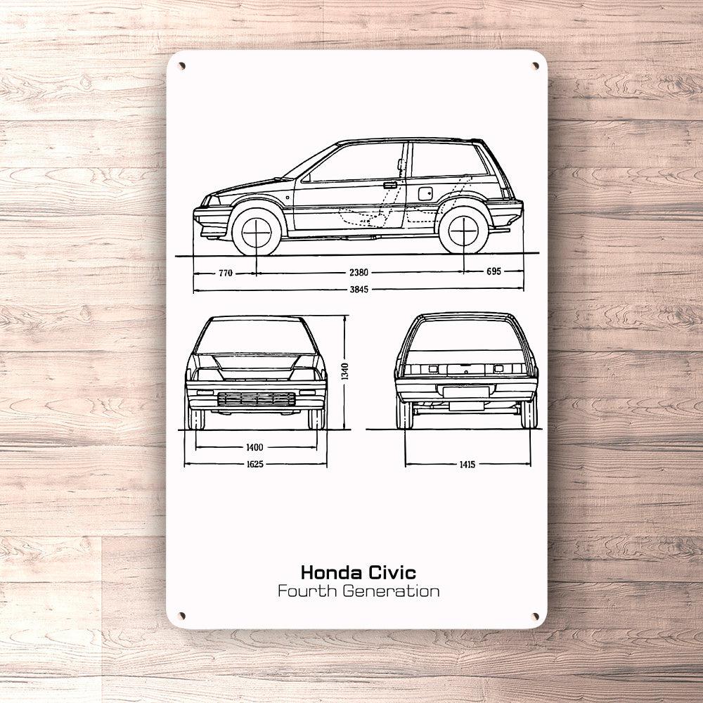 Honda Civic Hatchback 4 Gen Blueprint Skilte, Musemåtte, Dørmåtte , Plakat-Blueprint-Honda-Garage Culture Shop- garage - man cave - merchandise