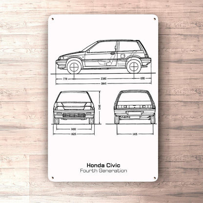 Honda Civic Hatchback 4 Gen Blueprint Skilte, Musemåtte, Dørmåtte , Plakat-Blueprint-Honda-Garage Culture Shop- garage - man cave - merchandise