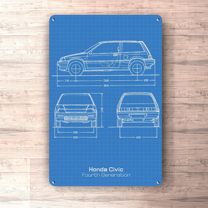 Honda Civic Hatchback 4 Gen Blueprint Skilte, Musemåtte, Dørmåtte , Plakat-Blueprint-Honda-Garage Culture Shop- garage - man cave - merchandise
