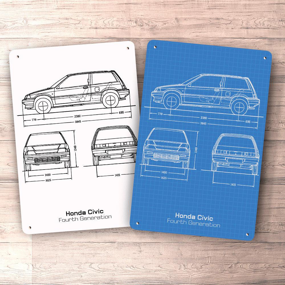 Honda Civic Hatchback 4 Gen Blueprint Skilte, Musemåtte, Dørmåtte , Plakat-Blueprint-Honda-Garage Culture Shop- garage - man cave - merchandise