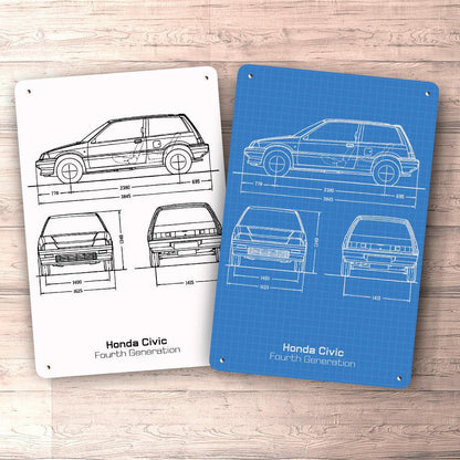 Honda Civic Hatchback 4 Gen Blueprint Skilte, Musemåtte, Dørmåtte , Plakat-Blueprint-Honda-Garage Culture Shop- garage - man cave - merchandise