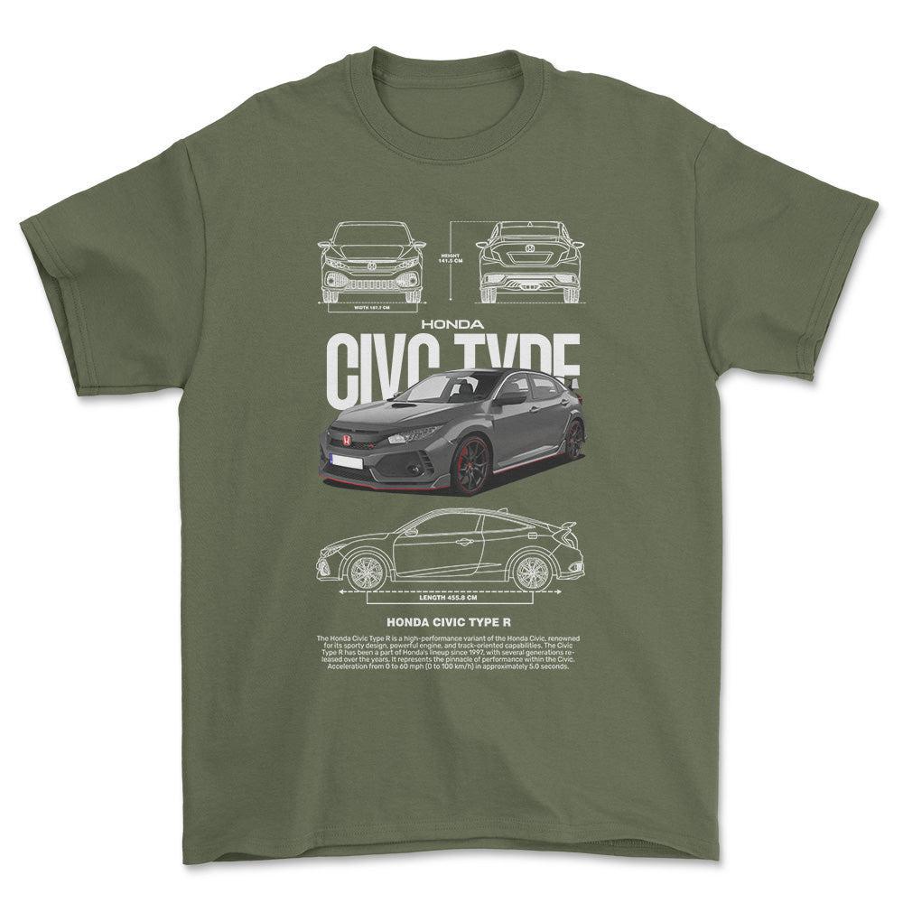 Honda Civic type R - Unisex T-Shirt , Bomuld-Beklædning-Honda-Grøn Militær-S-Forside-Garage Culture Shop- garage - man cave - merchandise