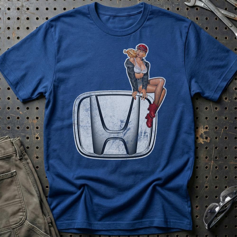 Honda Pinup T-Shirt-Beklædning-Honda-Blå Royal-S-Garage Culture Shop- garage - man cave - merchandise