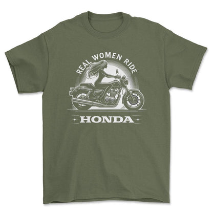 Honda Real Women Ride Honda - Unisex T-Shirt , Bomuld-Beklædning-Honda-Grøn Militær-S-Forside-Garage Culture Shop- garage - man cave - merchandise