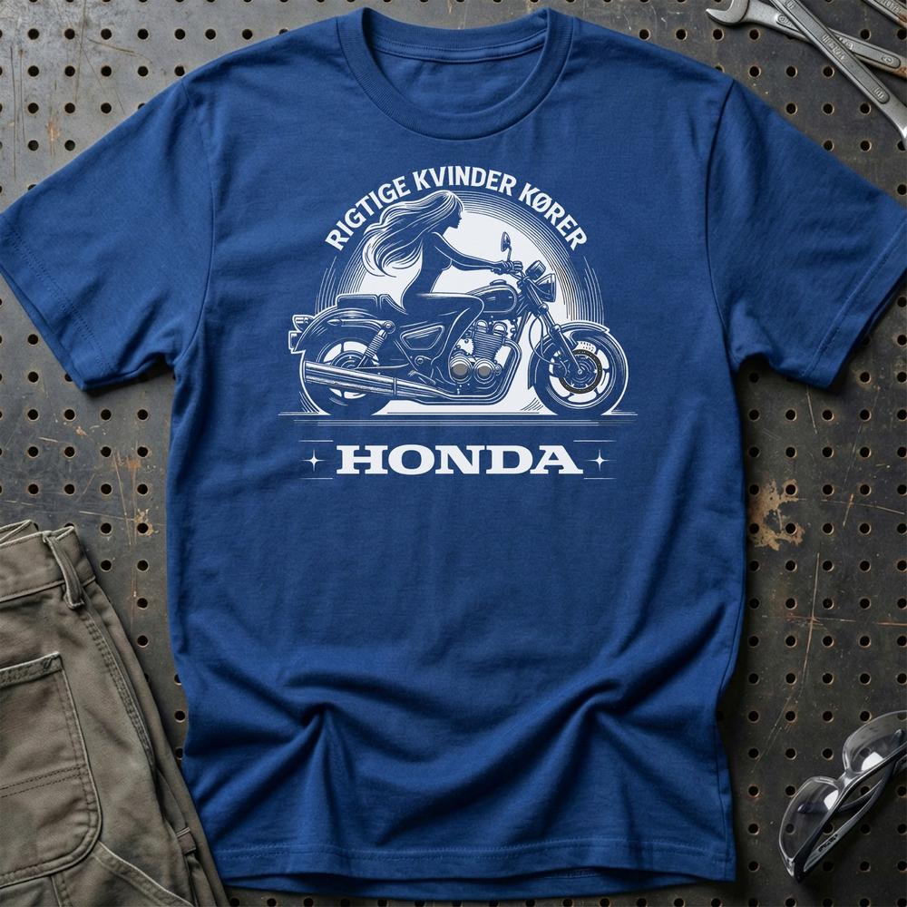 Honda Rigtige Kvinder Kører Honda T-Shirt-Beklædning-Honda-Blå Royal-S-Garage Culture Shop- garage - man cave - merchandise