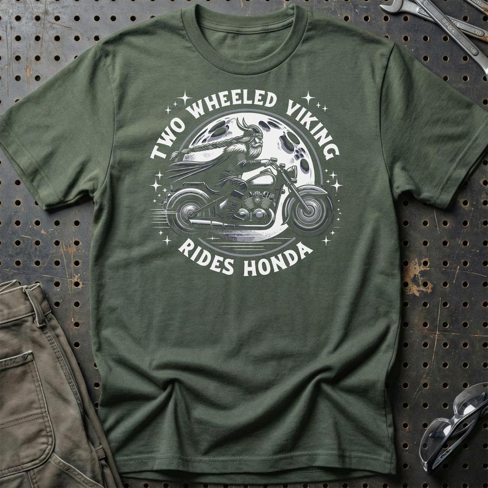 Honda Two Wheeled Viking Rides Honda T-Shirt-Beklædning-Honda-Grøn Militær-S-Garage Culture Shop- garage - man cave - merchandise