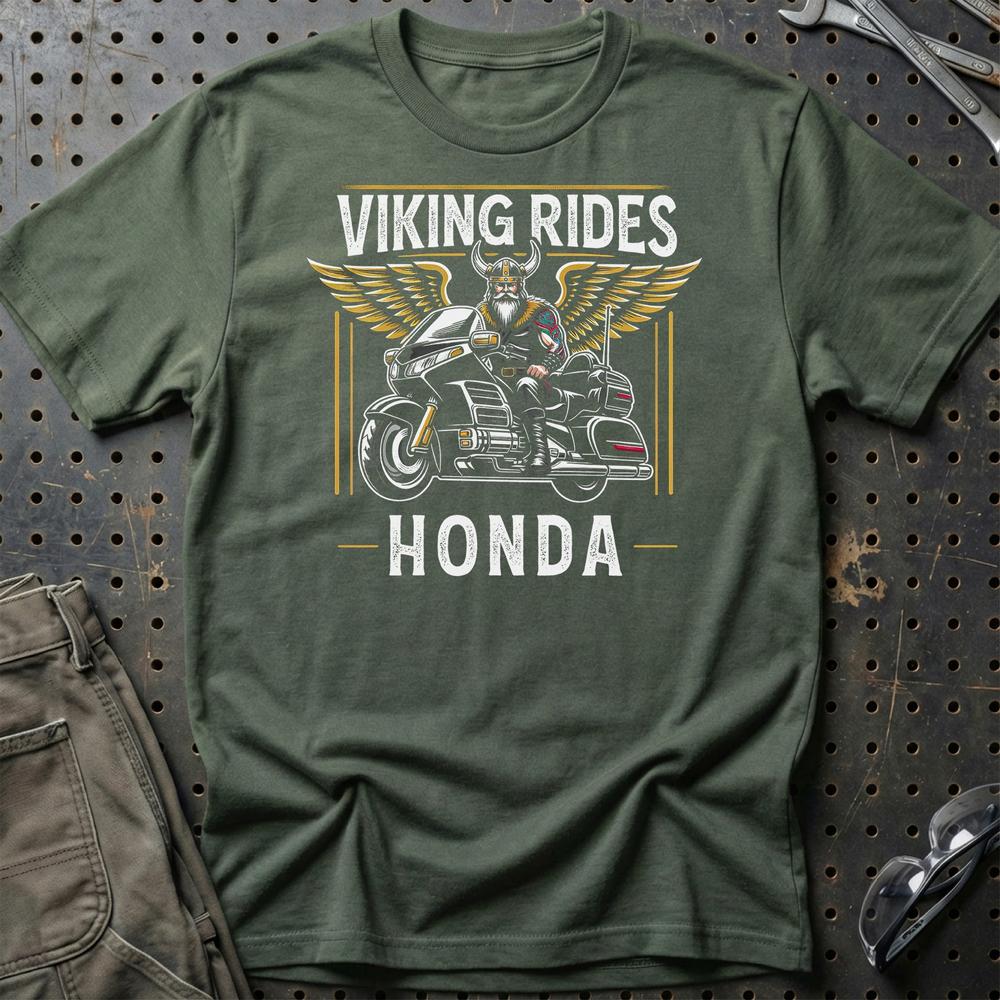 Honda Viking Rides Honda Goldwing - Unisex T-Shirt , Bomuld-Beklædning-Honda-Grøn Militær-S-Garage Culture Shop- garage - man cave - merchandise