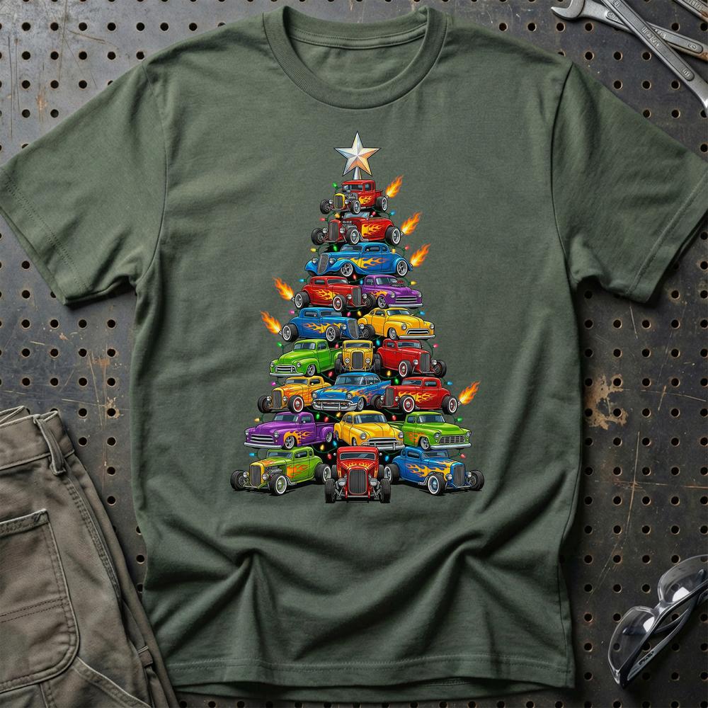 Hot Rod Juletræ Christmas Tree T-Shirt-Beklædning-Hot Rod-Grøn Militær-S-Garage Culture Shop- garage - man cave - merchandise