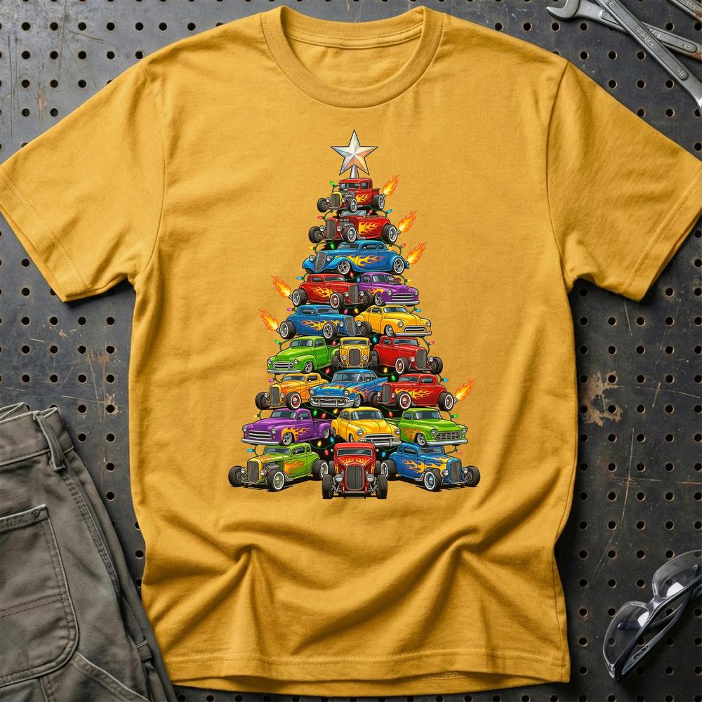 Hot Rod Juletræ Christmas Tree T-Shirt-Beklædning-Hot Rod-Guld-S-Garage Culture Shop- garage - man cave - merchandise